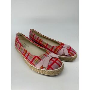 LL Bean Sunwashed Canvas Espadrille Flats Pink Plaid Bow Size 9.5 Womens